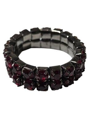 Elegant Red Rhinestone Ring Double Row Stretch Dark Metal Band Adjustable Fit